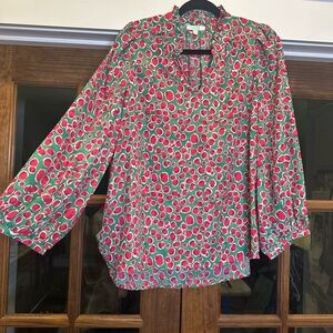 EUC Jade‎ Size Medium Women's Red and Green Patterned Top Puff Sleeve
